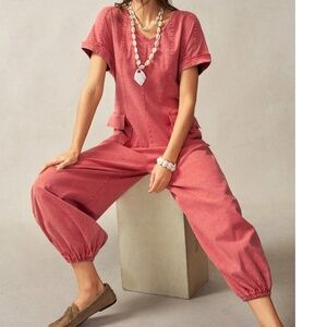 Boho Cuff Shoulder Sleeve Back Tie Pockets Jumpsuit